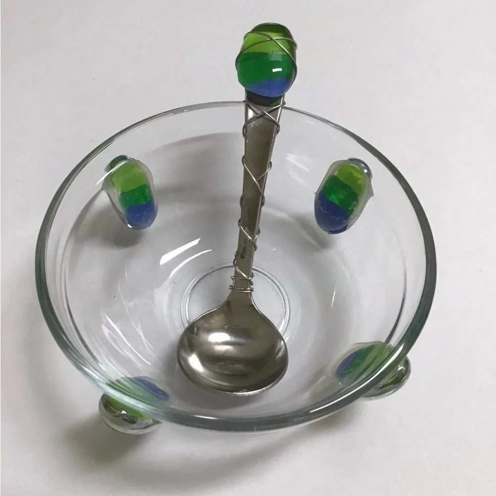 Art Glass Condiment Dish Blue Green Pebble Wire Wrapped Spoon Sea KIG Indonesia